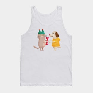 Illustration of a cat giving a bone to a dog as gift Tank Top